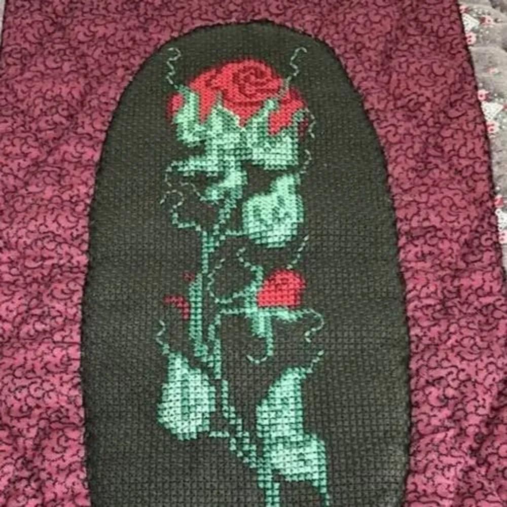 Wall Hanging Quilt Roses Cross Stitch Burgundy Handmade Vintage Handquilted